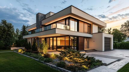Fototapeta premium A modern, minimalist house with a sleek, geometric design, featuring large windows and a modern facade.