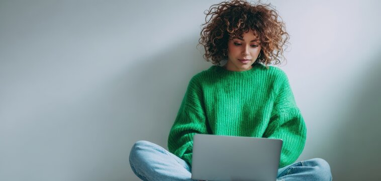 The woman with curly hair using a laptop in a cozy setting. - Powered by Adobe