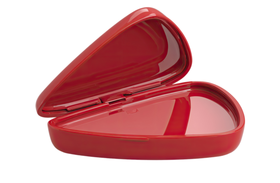 Red plastic storage container, open, triangular shape