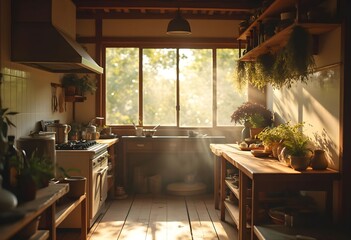 Fototapeta premium Sunlight-Filled Rustic Kitchen: Cozy Ambiance, Natural Light, and Homely Charm