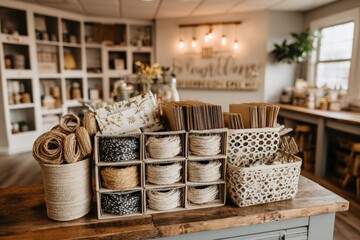 Fototapeta premium A charming display of crafting supplies, featuring rolls of twine, envelopes and decorative items, showcasing rustic charm and creative possibilities in a bright and inviting studio.