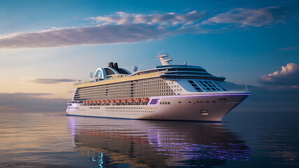 Luxury cruise ship at sunset, majestic vessel on calm waters.

