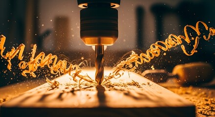 Woodworking Drill Press Close-Up Creating Wood Shavings and Dust
