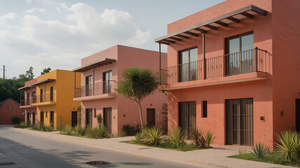Colorful row of houses, various shades of orange and yellow. Urban development.
