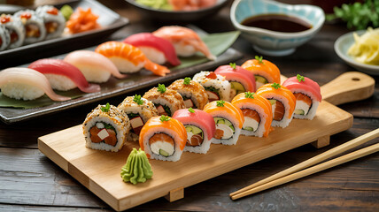 Assorted sushi rolls and nigiri on wooden platters.
