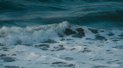 Powerful waves crash against dark water.

