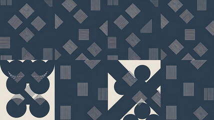 Abstract pattern of squares, diamonds, and circles in navy and beige.
