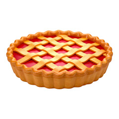 A round, golden-brown pie with a lattice top and red filling, isolated on white.