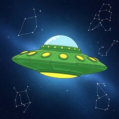 Obraz premium Green flying saucer in the night sky.