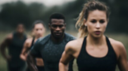 Outdoor boot camp fitness group training together