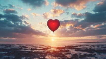 Fototapeta premium A red heart-shaped balloon floating in the sky at sunset.