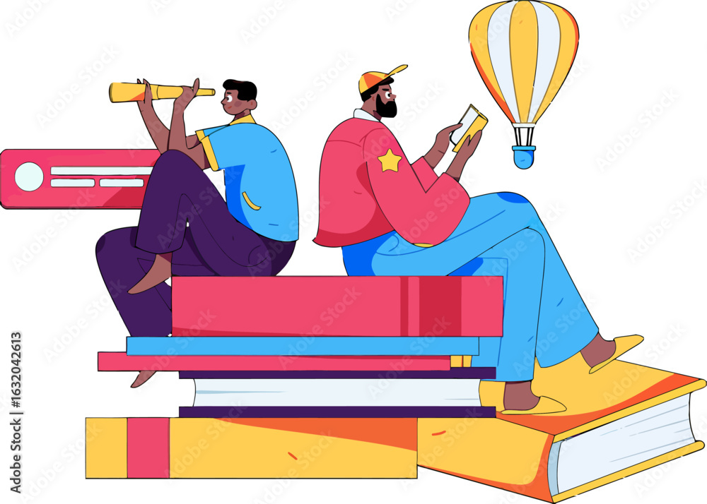 Poster embark on a journey of learning and discovery with a friend, exploring new worlds through books and 