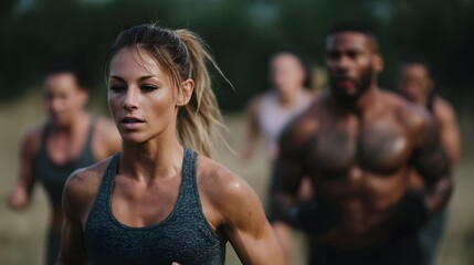 Outdoor bootcamp fitness group engaged in intense training