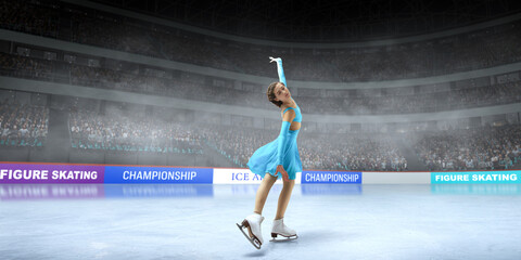 Figure skater girl dancing on ice stadium. Ice dance.
