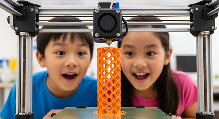 Two excited children observe a 3D printer creating a cylindrical object.