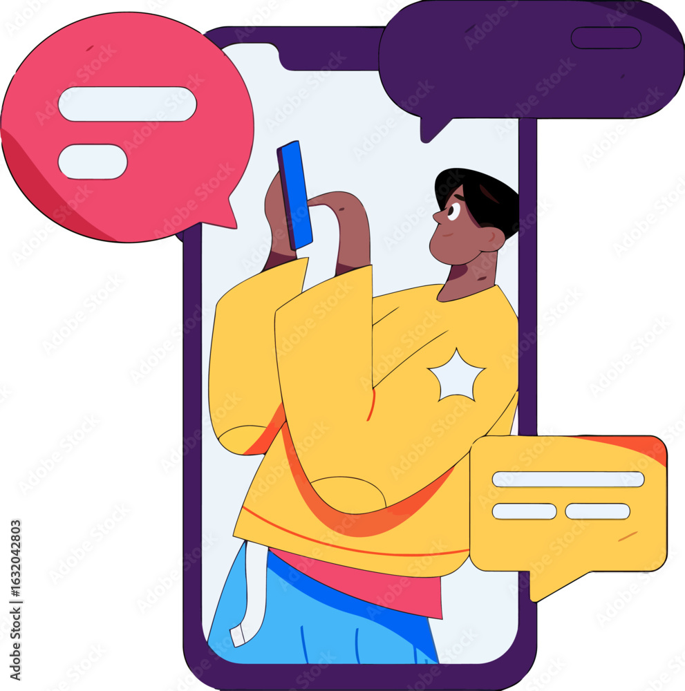 Poster engaging cartoon character using mobile app for chat and communication with vibrant speech bubbles, 