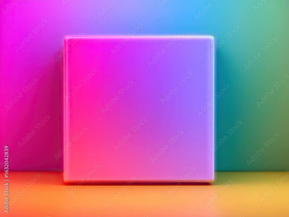 Poster vibrant square object with gradient of rainbow colors, placed against colorful gradient background, 