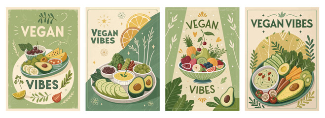 Set of four posters featuring vibrant vegan dishes with fresh ingredients