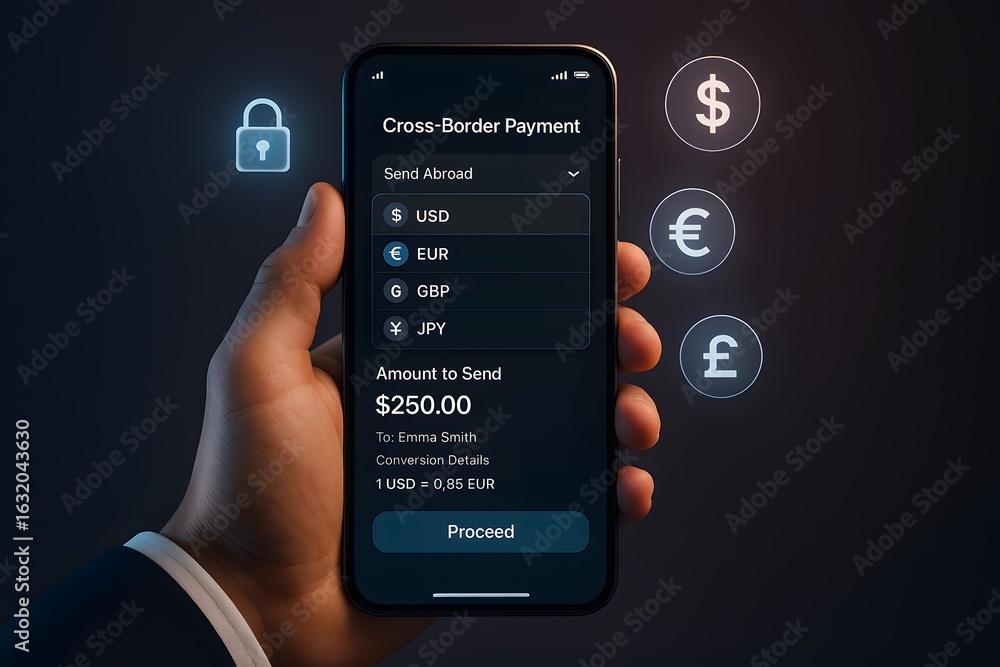 Poster securely send money globally with a user-friendly mobile app featuring currency conversion and payme