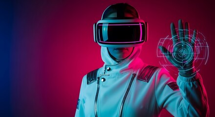Person in a futuristic white suit wearing a virtual reality headset with an outstretched hand showing a holographic interface