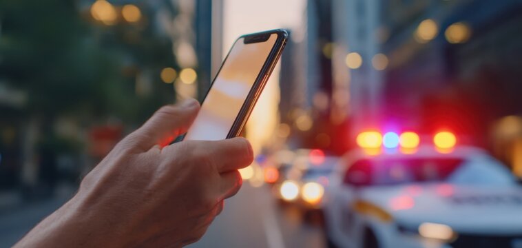 The smartphone displaying notifications near a police response scene at dusk.