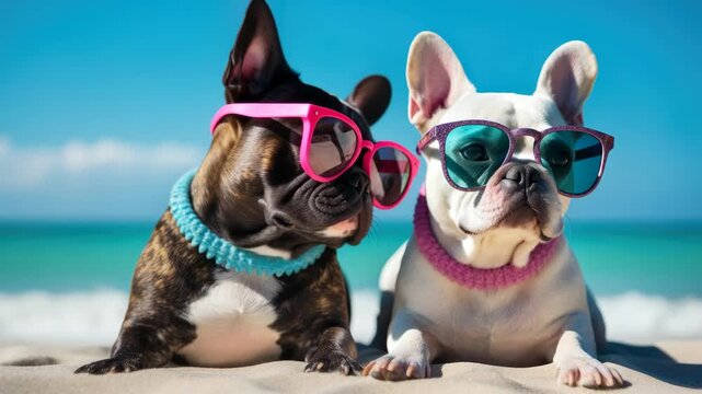 Two French Bulldogs in sunglasses pose on a sunny beach. Eye-level angle captures their playful vibe, perfect for a fun summer video theme. Live desktop wallpaper.