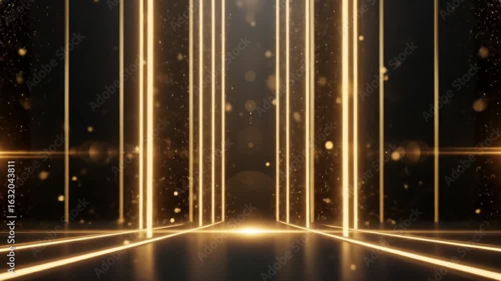 Poster abstract background featuring glowing golden vertical lines and shimmering particles against a dark 