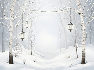 Winter forest with lights and lanterns, watercolor illustration template for your design cards, cover, background or Christmas wallpaper. Hand drawn frame with holiday winter landscape.