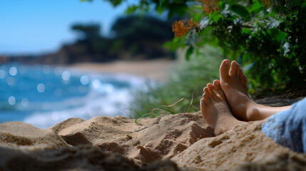 Relaxing Close-Up of Feet Buried in Sand by the Beach