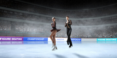 Figure skating couple skating on ice stadium.