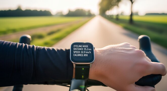A cyclist tracks their progress with a smartwatch during a scenic ride on a country road at sunrise, monitoring speed and distance.