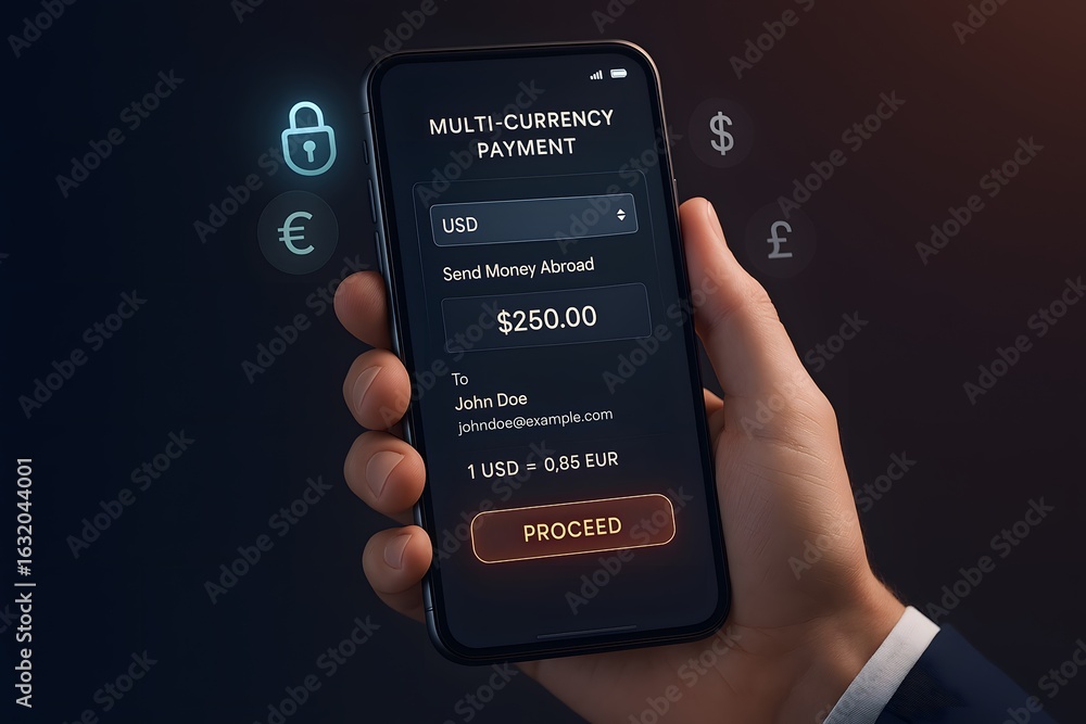Poster securely send money abroad using a modern multi-currency mobile payment app with ease and efficiency