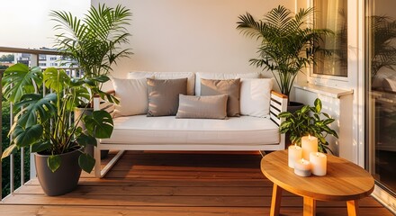 Cozy balcony garden with plants, pillows, sofa, and candles
