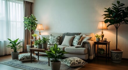 Elegant Living Room Interior with Sofa, Plants, and Warm Lighting