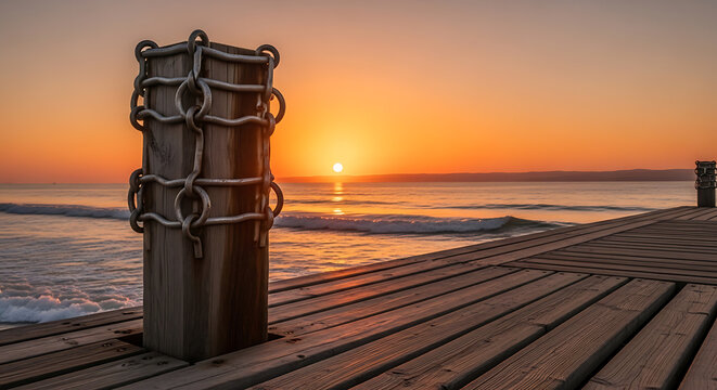 Wooden pier post wrapped in chains catching the glow of a sunrise over the ocean surface