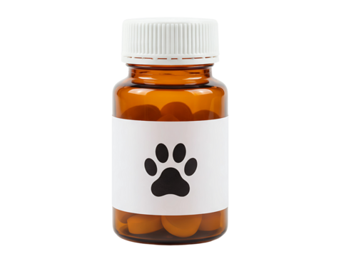 Amber glass bottle with white cap and paw print label isolated on transparent background