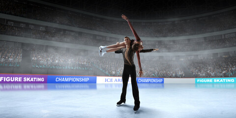 Figure skating couple skating on ice stadium.