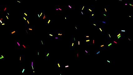 Animation of colourful confetti falling down smoothly on black background. Paper scraps, paper ribbons, celebration strips, party poppers falling down. Celebration Background.