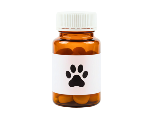 Amber glass bottle with white cap and paw print label isolated on transparent background
