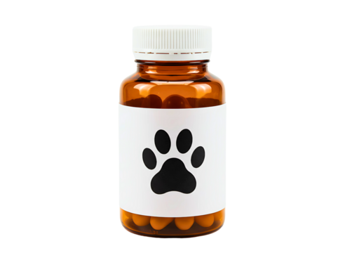 Amber glass bottle with white cap and paw print label isolated on transparent background