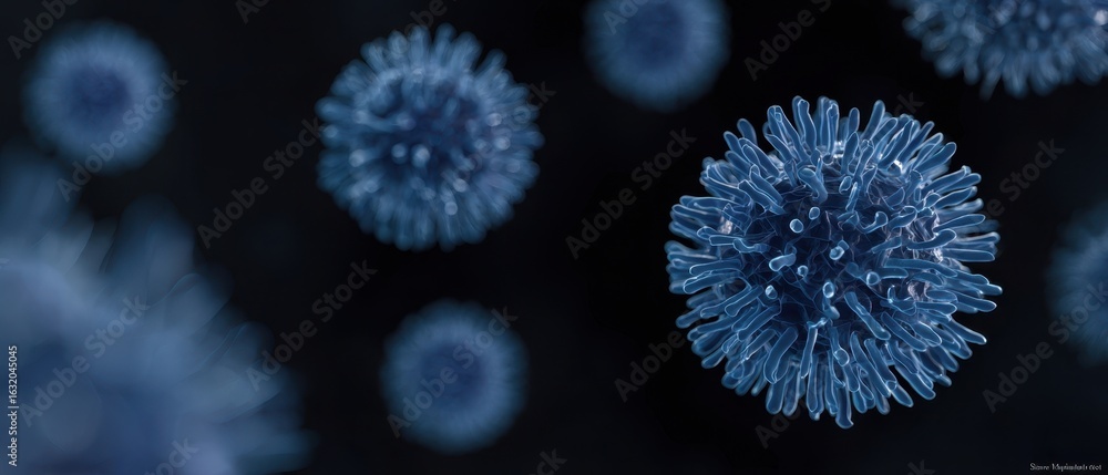 Poster the intricate structure of a virus depicted in an artistic microscopic view.