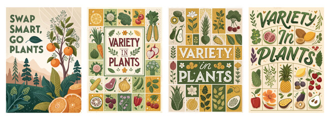 Set of four posters promoting plant-based eating with vibrant fruits and vegetables