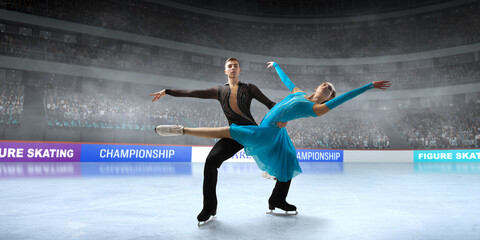 Figure skating pair skating on ice stadium.