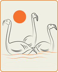 Minimalist Flamingo Line Art with Orange Sun – Vector Illustration