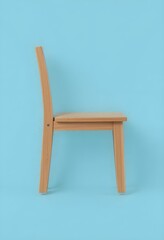 Fototapeta premium Minimalist wooden chair with elegant design against a bright, clean blue backdrop