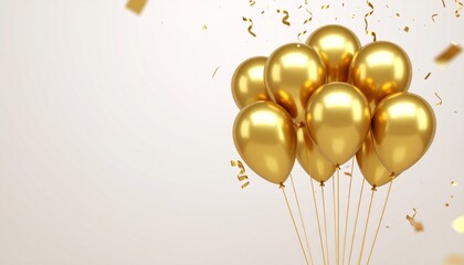 Gold balloons with confetti on white background, a festive concept celebration party scene with copy space