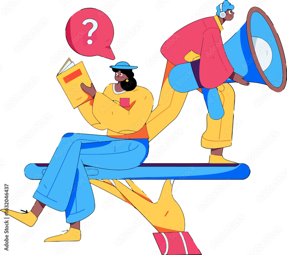 Poster dynamic balance between knowledge and promotion, featuring a reader with questions and a promoter wi