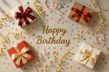 Colorful birthday celebration with gifts and festive decorations on a table with confetti and ribbons