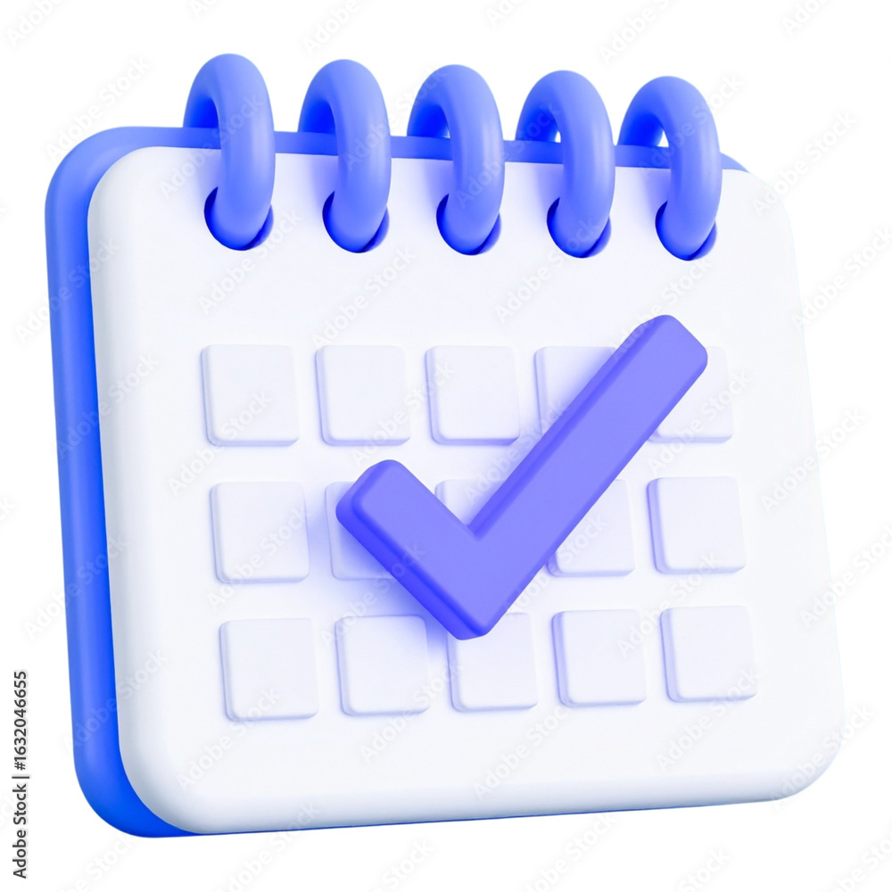Poster a 3d rendering of a calendar with a blue checkmark on its face, indicating a scheduled event or comp