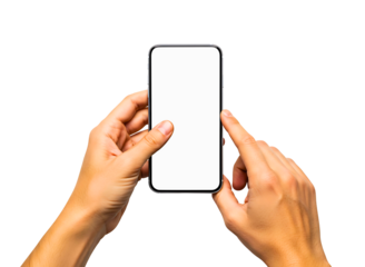 Hand holding and touching a smartphone with a blank screen isolated on transparent background